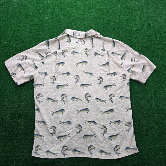 Ocean Coast Shirt Mens Large Beige Button Up Fish‎ Print AOP Rayon Camp Fishing - Picture 7 of 7